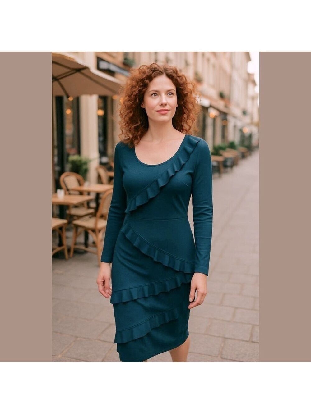 NWT Y2K TRACY REESE TEAL COCKTAIL SHEATH MIDI DRESS W DIAGONAL RUFFLES SZ S